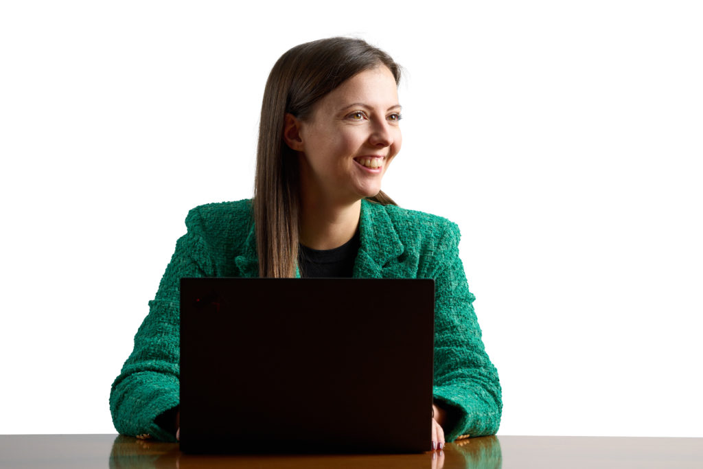 Tsvetelina Delcheva, who works for private equity house ECI, sitting with a laptop